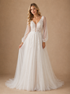 ChicSew Fancy V-Neck Tulle Long Sleeves Lace Maxi A-Line Wedding Dresses