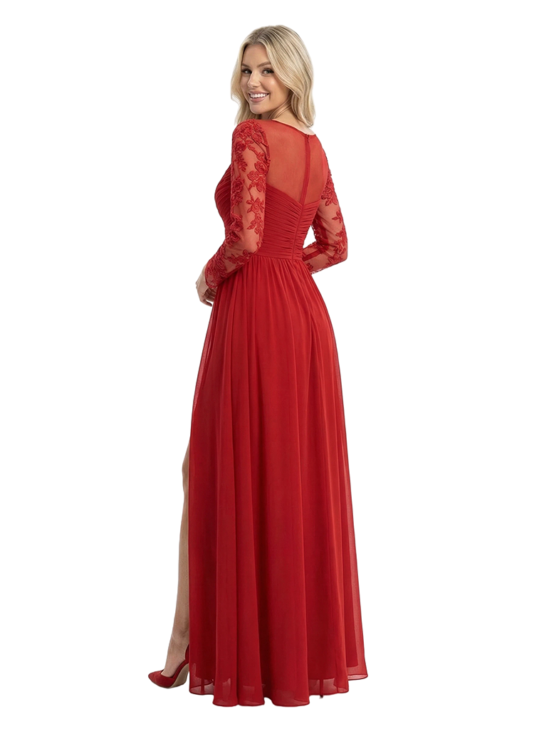 Elegant V-Neck Side Slit Long Sleeves Ruched A-Line Chiffon Formal Prom Dress