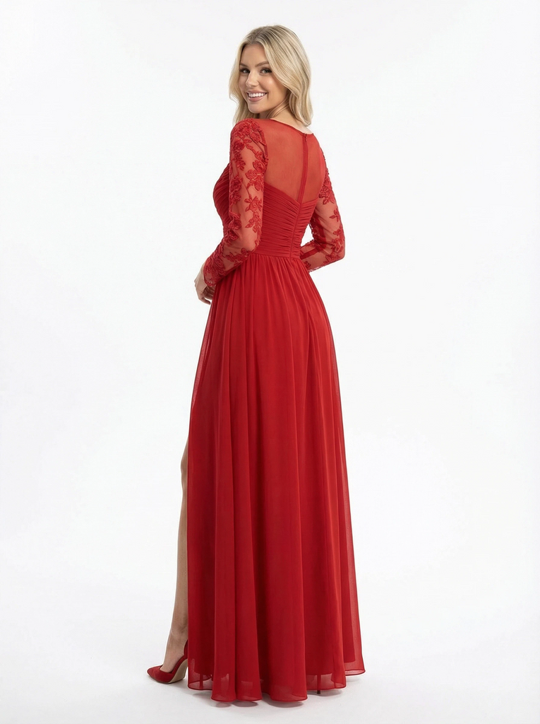 Modest Long Sleeves A-line Side Slit Long Chiffon Prom Dresses with Applique