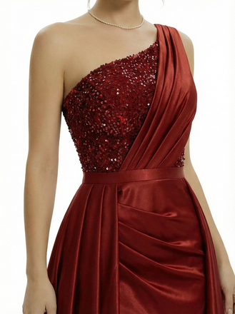 Unique One Shoulder Sequin Side Slit Satin Mermaid Prom Dress OverLay