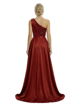 Unique One Shoulder Sequin Side Slit Satin Mermaid Prom Dress OverLay