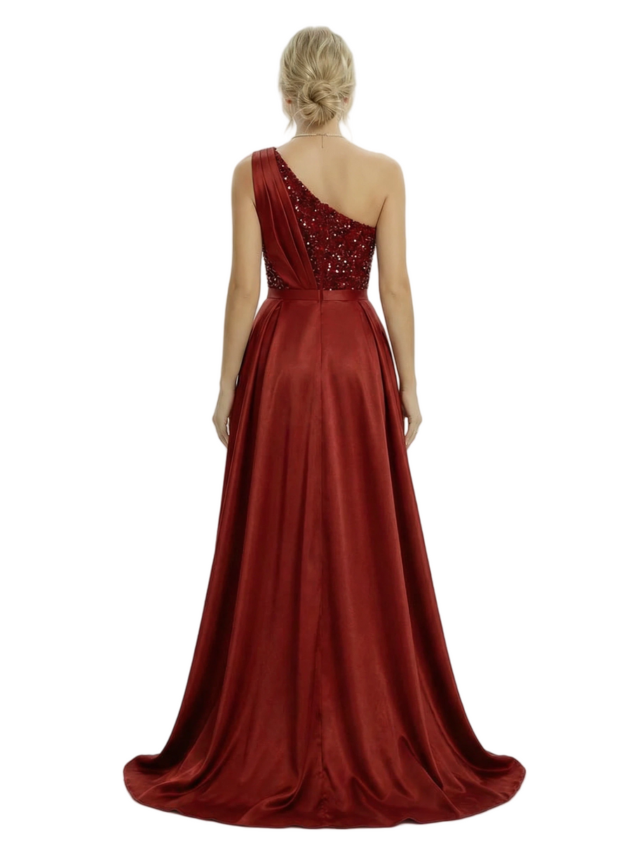Unique One Shoulder Sequin Side Slit Satin Mermaid Prom Dress OverLay