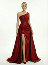Shinning One Shoulder Mermaid Side Slit Satin Prom Dresses with Overskirt