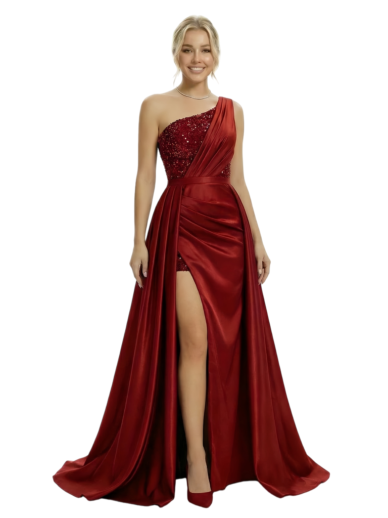 Unique One Shoulder Sequin Side Slit Satin Mermaid Prom Dress OverLay