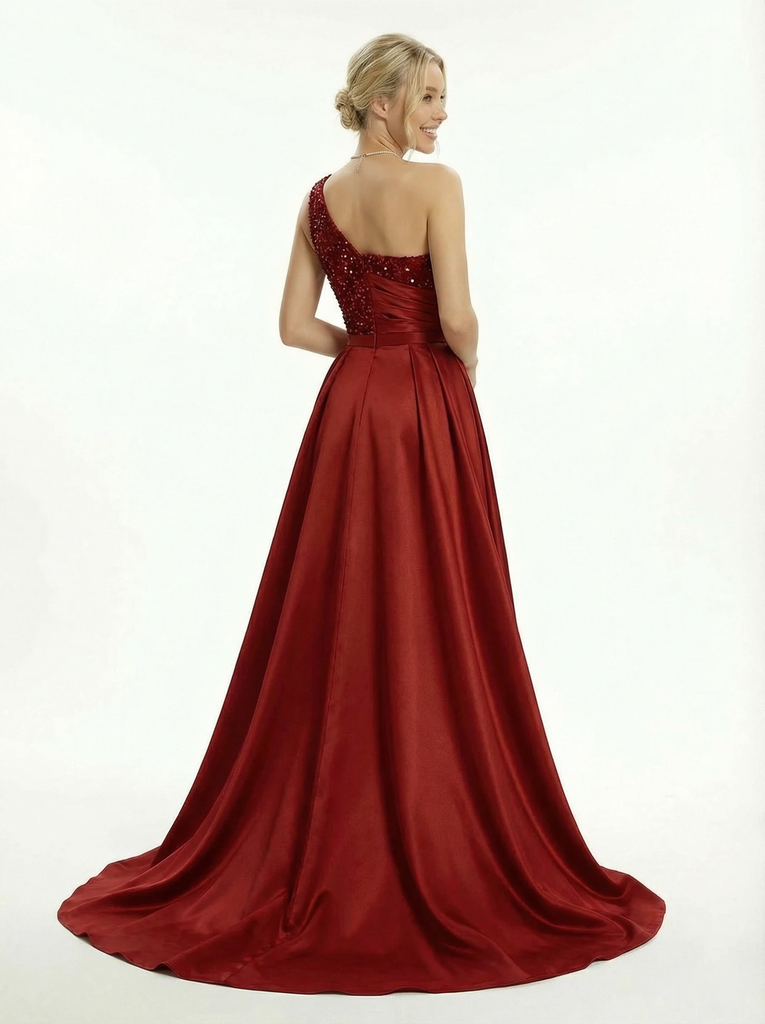 Shinning One Shoulder Mermaid Side Slit Satin Prom Dresses with Overskirt