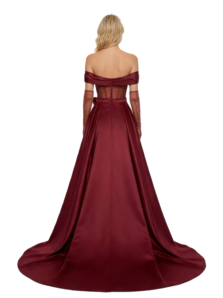 ChicSew Sparkly Off Shoulder Mermaid Side Slit Satin Prom Dresses with Overskirt without gloves