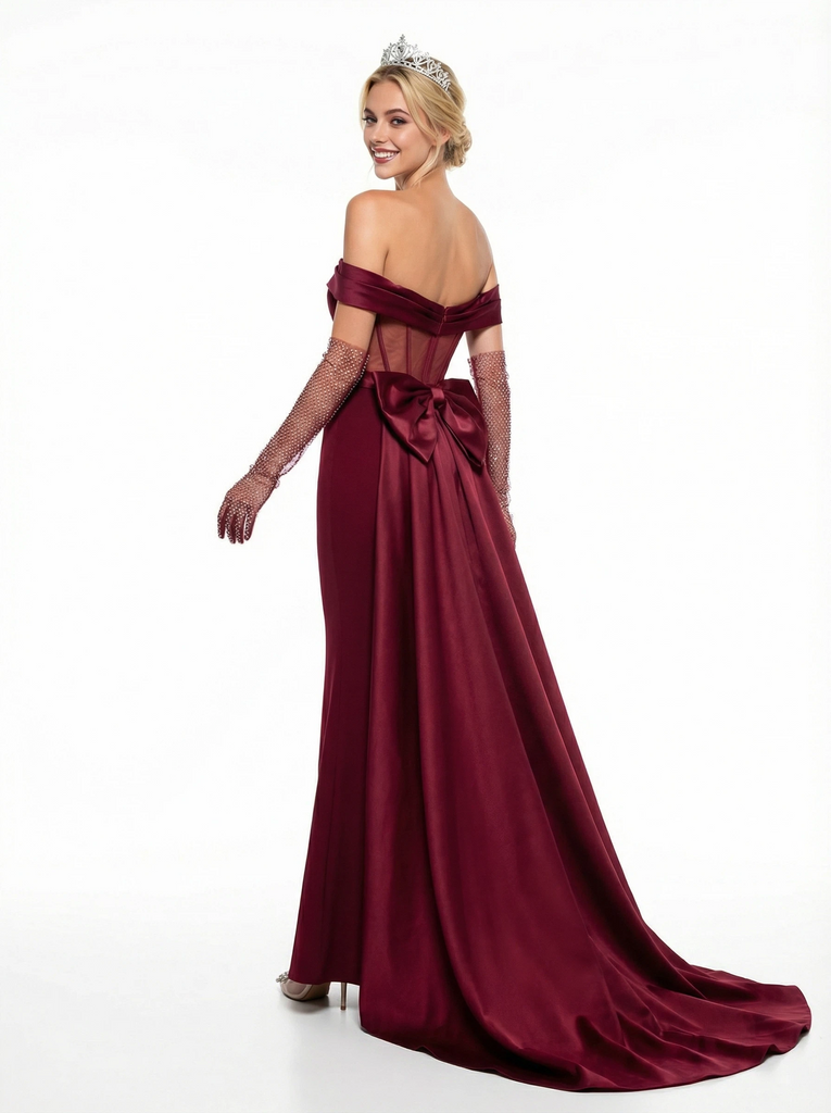 Sparkly Off Shoulder Mermaid Side Slit Satin Prom Dresses with Overskirt without gloves