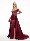 Sparkly Off Shoulder Mermaid Side Slit Satin Prom Dresses with Overskirt without gloves