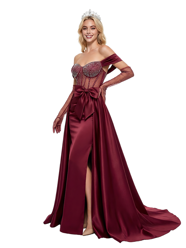 ChicSew Sparkly Off Shoulder Mermaid Side Slit Satin Prom Dresses with Overskirt without gloves
