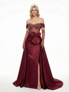 Sparkly Off Shoulder Mermaid Side Slit Satin Prom Dresses with Overskirt without gloves
