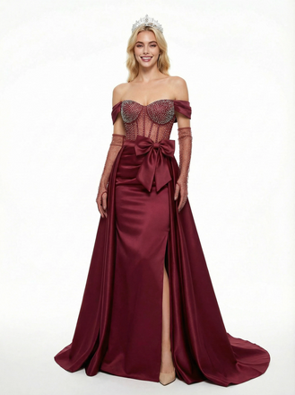 Sparkly Off Shoulder Mermaid Side Slit Satin Prom Dresses with Overskirt without gloves