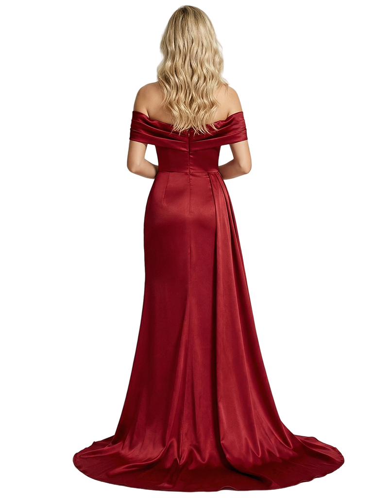 Beautiful Off The Shoulder Satin Maxi Long Prom Dress Ruched With Side Slit
