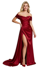 Beautiful Off The Shoulder Satin Maxi Long Prom Dress Ruched With Side Slit