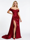Elegant Off the Shoulder Ruched Satin Long Party Prom Dresses with Side Slit