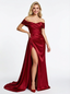 Elegant Off the Shoulder Ruched Satin Long Party Prom Dresses with Side Slit