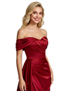 Beautiful Off The Shoulder Satin Maxi Long Prom Dress Ruched With Side Slit