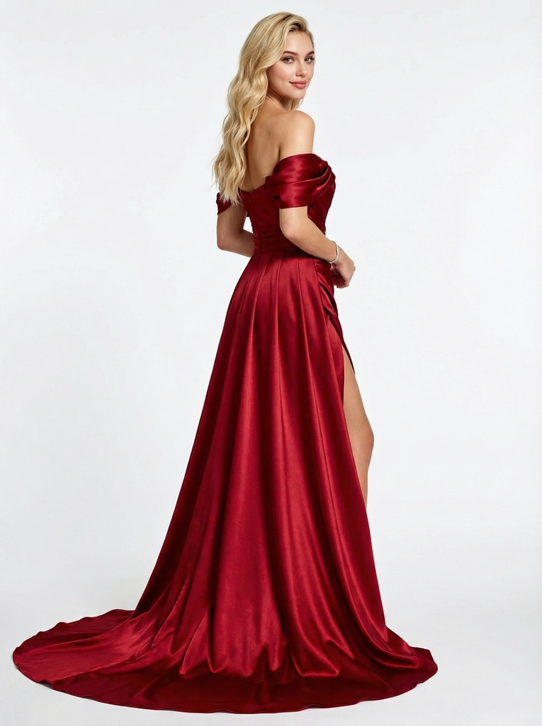 Elegant Off the Shoulder Ruched Satin Long Party Prom Dresses with Side Slit