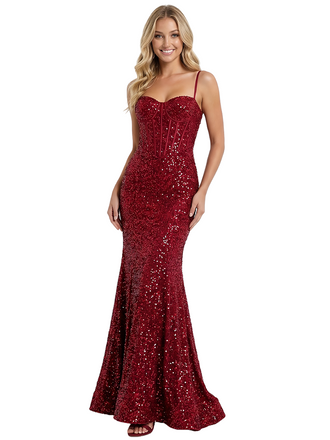 Fancy Spaghetti Straps Sequin Mermaid Prom Dress Corset Floor-Length Formal Evening Gown