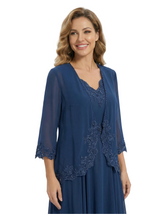 Elegant V-Neck Beading Chiffon Mother of The Groom Dress 3/4 Sleeves Two Piece Midi Gown