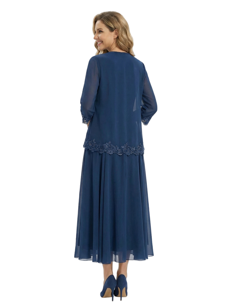 Elegant V-Neck Beading Chiffon Mother of The Groom Dress 3/4 Sleeves Two Piece Midi Gown