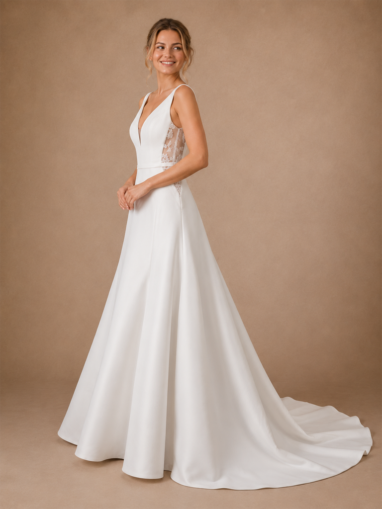 ChicSew Sexy Spaghetti Straps Lace A-Line Crepe Floor-Length Wedding Dress