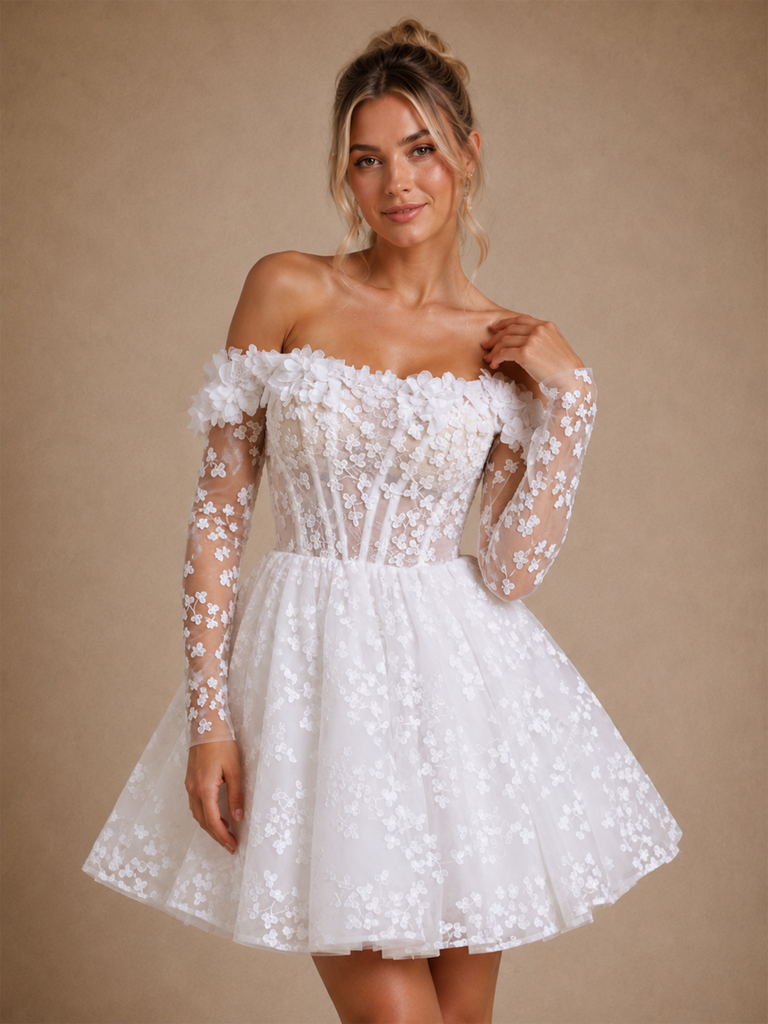 ChicSew Pretty Strapless 3/4 Sleeves A-Line Lace Mini-Length Wedding Dresses