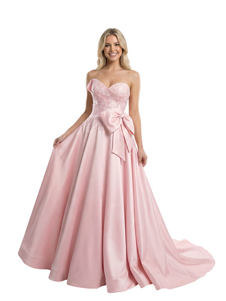 Modern Sweetheart Prom Dress Bow Detail Lace Satin Ball Gown Floor Length Formal Evening Gown