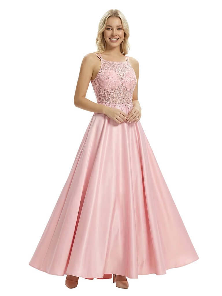 Elegant Spaghetti Strap Halter Neck Formal Gown Lace Bodice Satin Fabric Ball Gown Floor Length Prom Dress