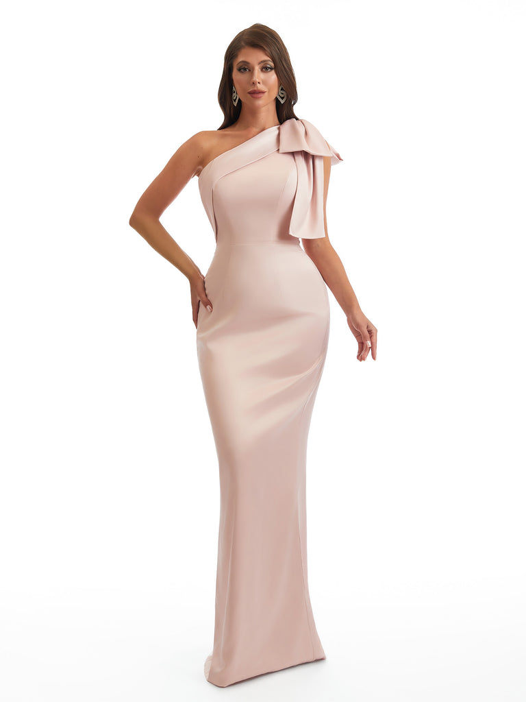 Elegant One Shoulder Mermaid Back Slit Soft Satin Long Bridesmaid Dresses Online