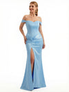 Sexy Off The Shoulder Mermaid Soft Satin Floor Length Evening Dresses Slit With Twist Knot