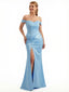 Sexy Off The Shoulder Mermaid Soft Satin Floor Length Evening Dresses Slit With Twist Knot