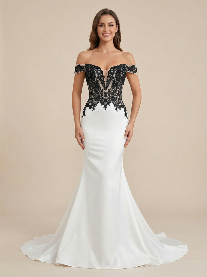 Black and White Mermaid Off Shoulder Maxi Long Satin Mermaid Black And White Dresses For Weddings