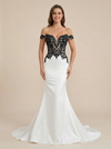 Black and White Mermaid Off Shoulder Maxi Long Satin Wedding Dresses Online