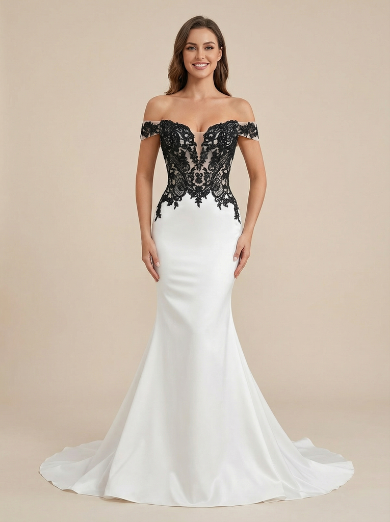 Black and White Mermaid Off Shoulder Maxi Long Satin Wedding Dresses Online