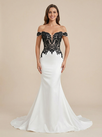 Black and White Mermaid Off Shoulder Maxi Long Satin Wedding Dresses Online