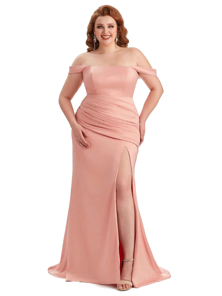 Plus Size Sexy Off Shoulder Side Slit Mermaid Soft Satin Long Bridesmaid Dress For Wedding