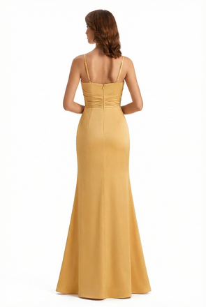 Sexy Sweetheart Sleeveless Side Slit Mermaid Ruched Satin Long Formal Dresses