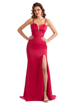Sexy Side Slit Spaghetti Straps Mermaid Unique Long Satin Dresses For Bridesmaid