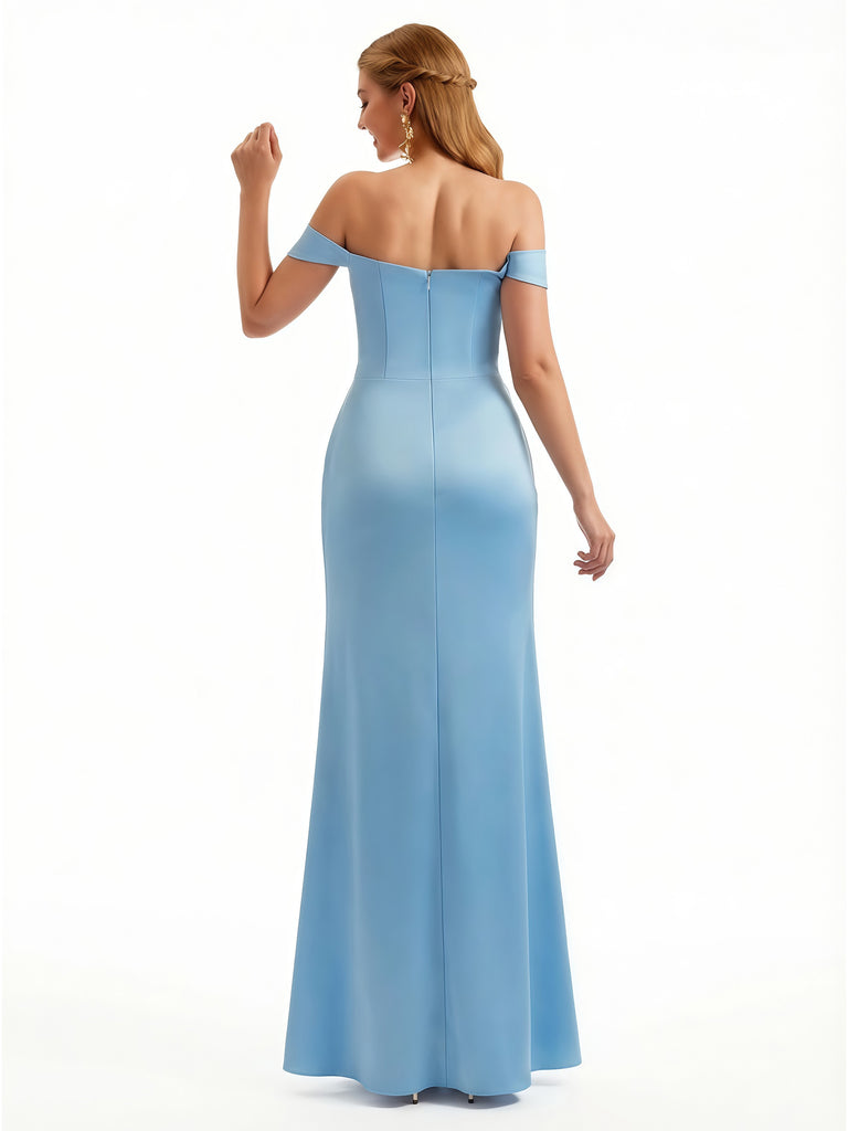 Sexy Off The Shoulder Mermaid Soft Satin Floor Length Evening Dresses Slit With Twist Knot