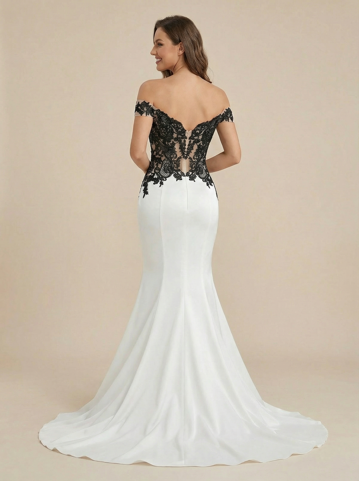 Black and White Mermaid Off Shoulder Maxi Long Satin Mermaid Black And White Dresses For Weddings