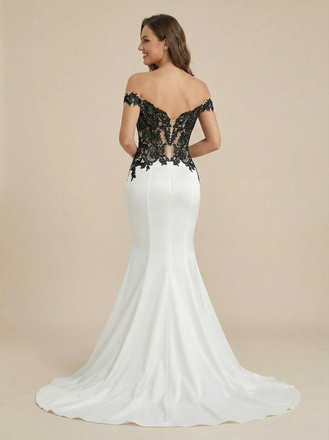 Black and White Mermaid Off Shoulder Maxi Long Satin Wedding Dresses Online