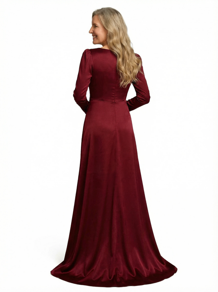 Sexy V-Neck Long Sleeve Mother of the Groom Dress Satin A-Line Gown with High Slit