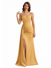 Sexy Sweetheart Sleeveless Side Slit Mermaid Ruched Satin Long Formal Dresses