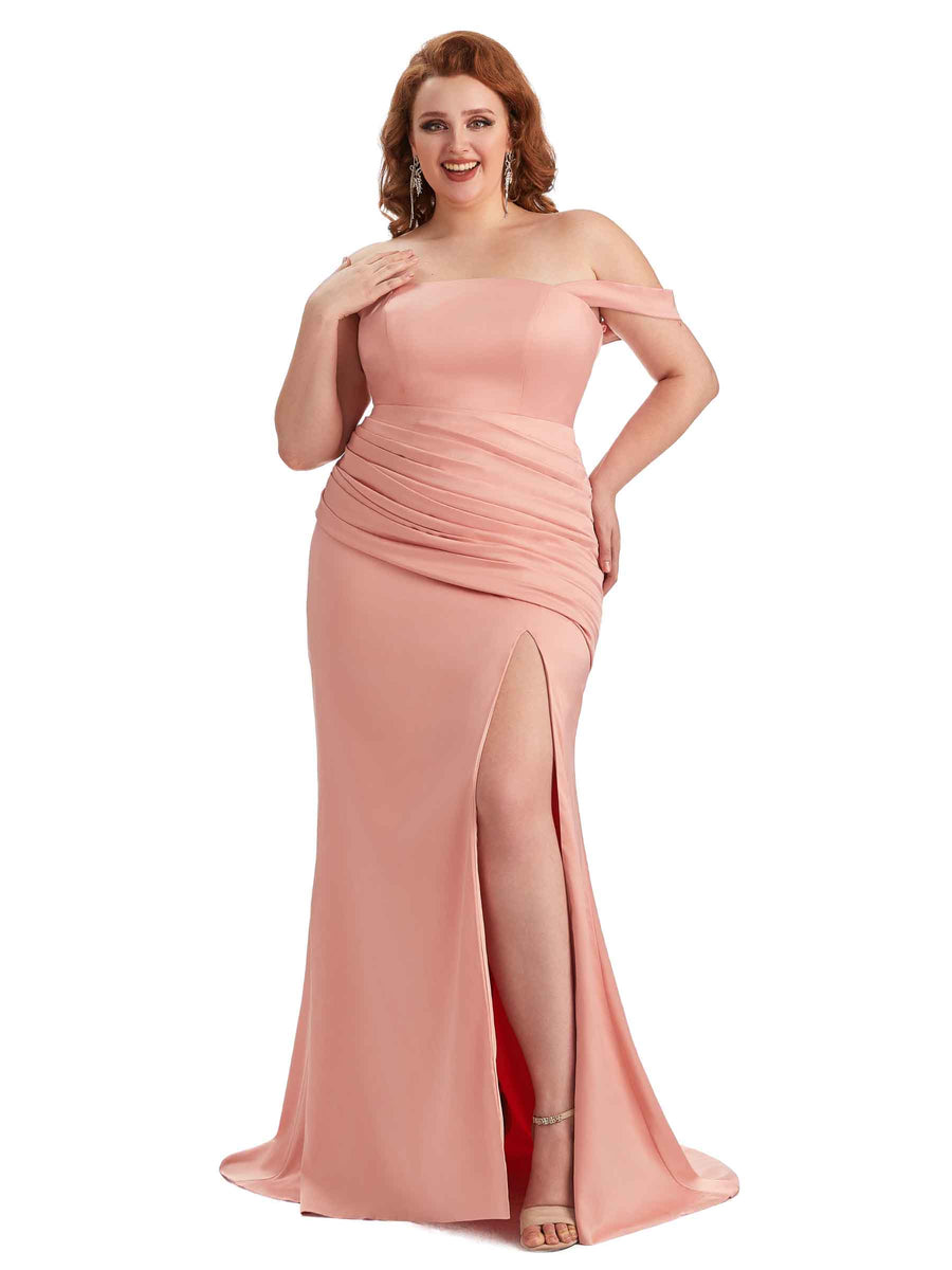 Plus Size Sexy Off Shoulder Side Slit Mermaid Soft Satin Long Bridesmaid Dress For Wedding