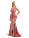 Silky Satin Maid of Honor Mermaid Dresses Sexy Side Split Spaghetti Straps