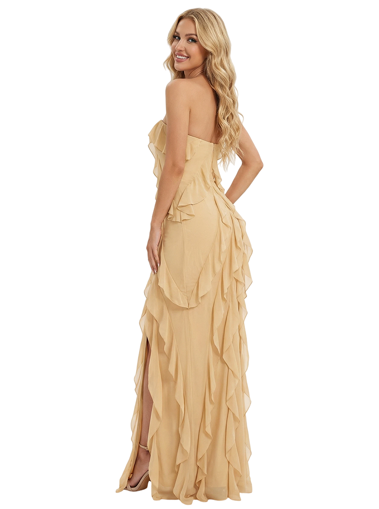 Classy Ruffles Strapless Side Slit Mermaid Prom Dress Long Evening Gown
