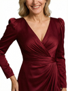 Sexy V-Neck Long Sleeve Mother of the Groom Dress Satin A-Line Gown with High Slit