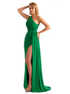 Elegant Side Slit Mermaid One-Shoulder Pleats Stretchy Jersey Long Formal Bridesmaid Dresses