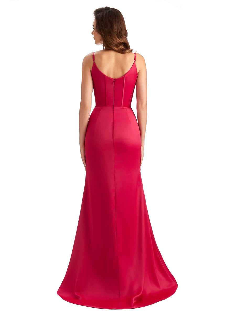 Sexy Side Slit Spaghetti Straps Mermaid Unique Long Satin Dresses For Bridesmaid