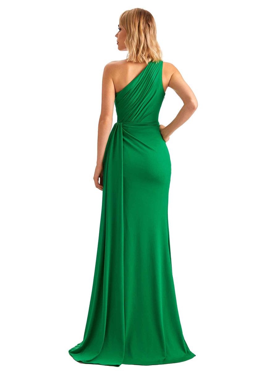 Elegant Side Slit Mermaid One-Shoulder Pleats Stretchy Jersey Long Formal Bridesmaid Dresses